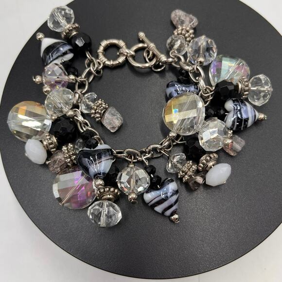 Black White Heart Art Glass Faceted Beads, Ab Beads Murano Cha Cha Bracelet - Picture 3 of 8
